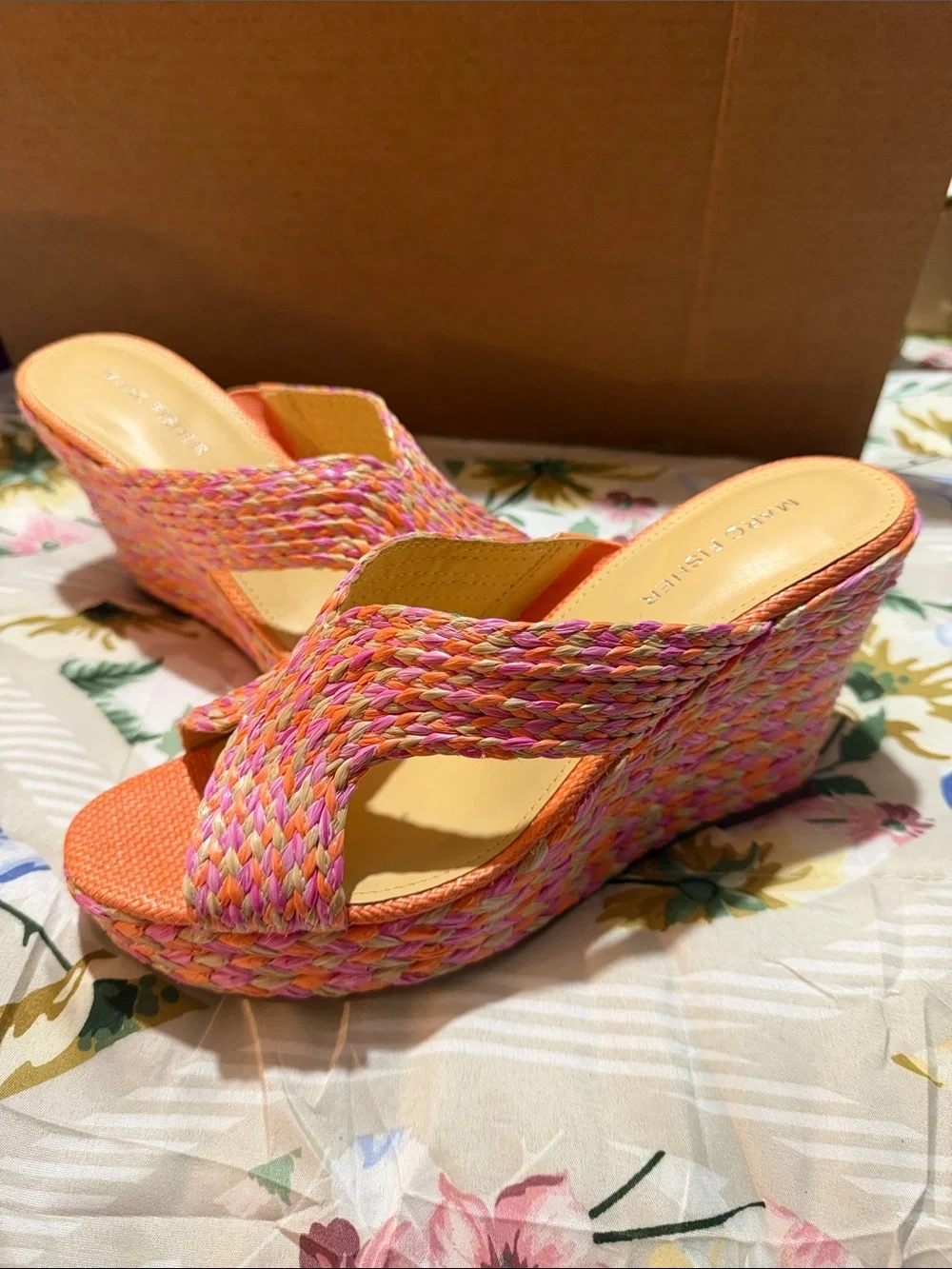 Marc Fisher Braided Espadrille Wedge Sandals in Orange and Pink